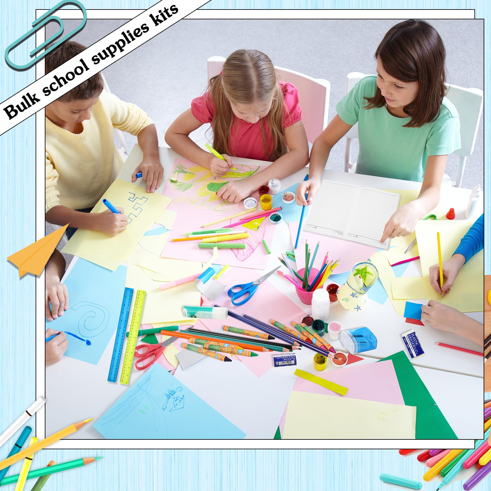 Gilprop Set di 4 articoli essenziali per il rientro a scuola, include astuccio per la scuola, penna gel, matite colorate, pastelli, matite, quaderni, temperamatite, forbici, colla, gomma, astuccio per