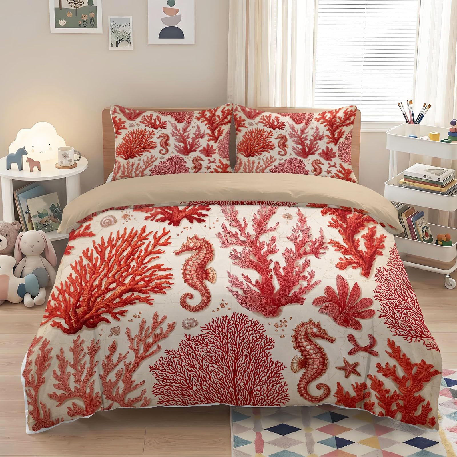 Generisch Sommer-Bettwäsche 155 x 220 cmBeige, Animal PlantSeahorse CoralBettbezug, Bügelfrei & Atmungsaktiv, Waschbare Weich Mikrofaser Bettdeckenbezug für Kinder, Jungen und Mädchen & Jugendliche