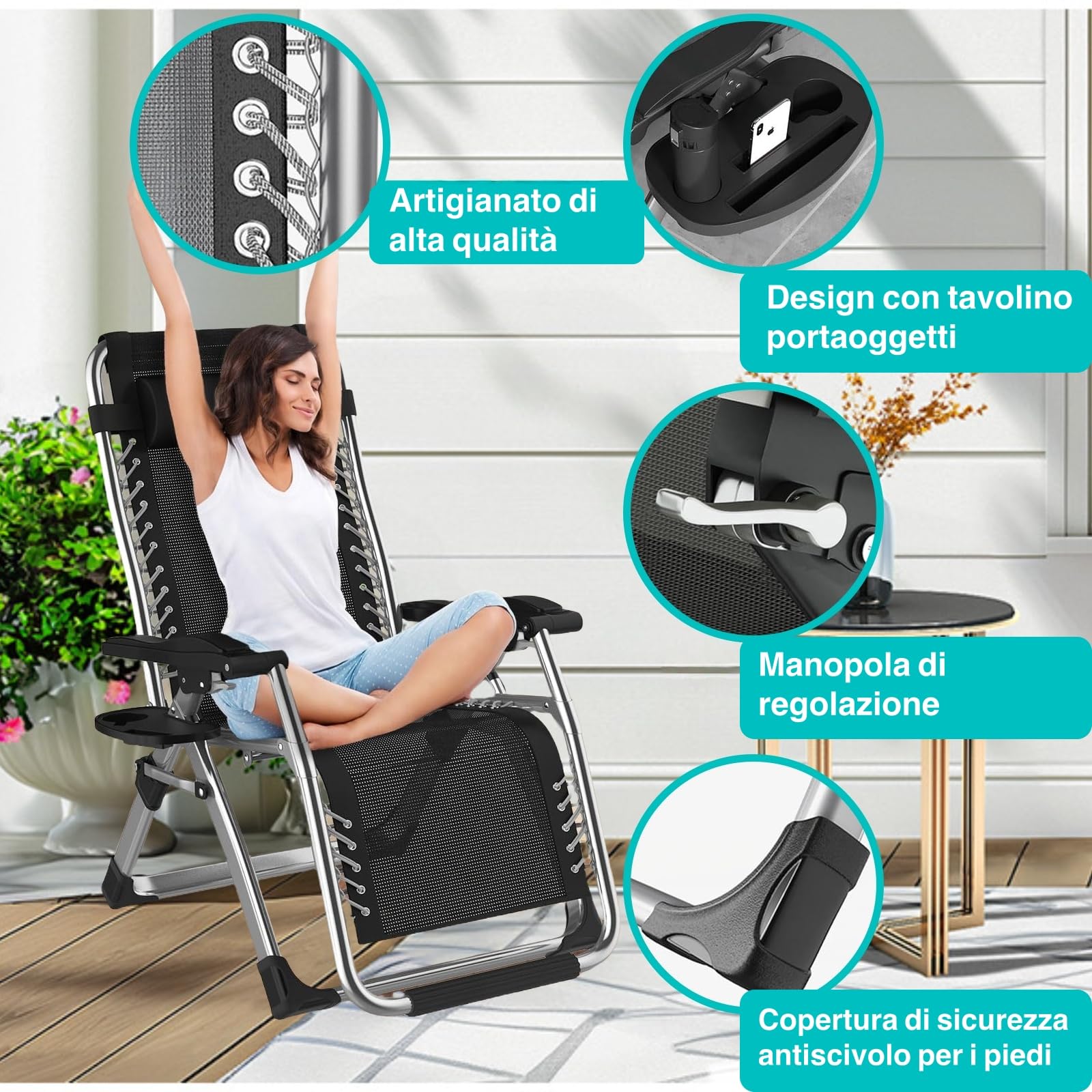 Tumbonas Plegable Jardin Exterior 65cm Ancho Hasta 240KG, Silla Reclinable Jardín con Cojín, Funda y Portavasos, Transpirable Ligera, Tumbona Gravedad Cero Aluminio para Terraza, Piscina y Playa
