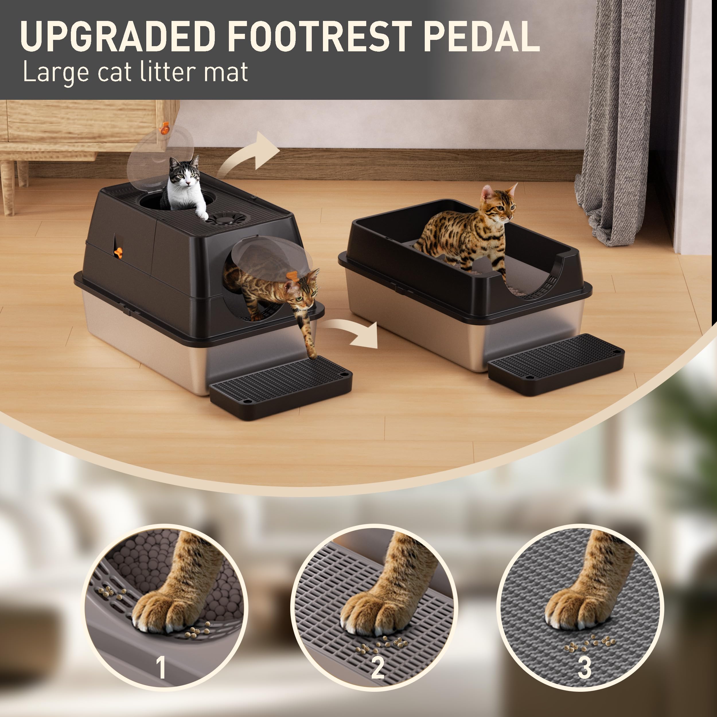 Katzenklo Edelstahl mit Deckel, XL Katzentoilette Geschlossen mit Schaufel, Zwei-Tür-Konfiguration, Leicht zu Reinigen, Geruchshemmend, Rostfreier Stahl Katzenklo mit Pedals (Schwarz)