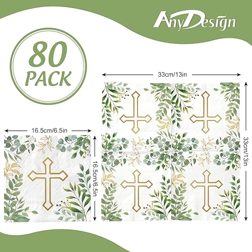 Miniatura 2 de AnyDesign Paquete de 80 servilletas de papel cruzadas, servilletas desechables de almuerzo, 6.5 x 6.5 pulgadas, bautismo, hojas verdes, postre,