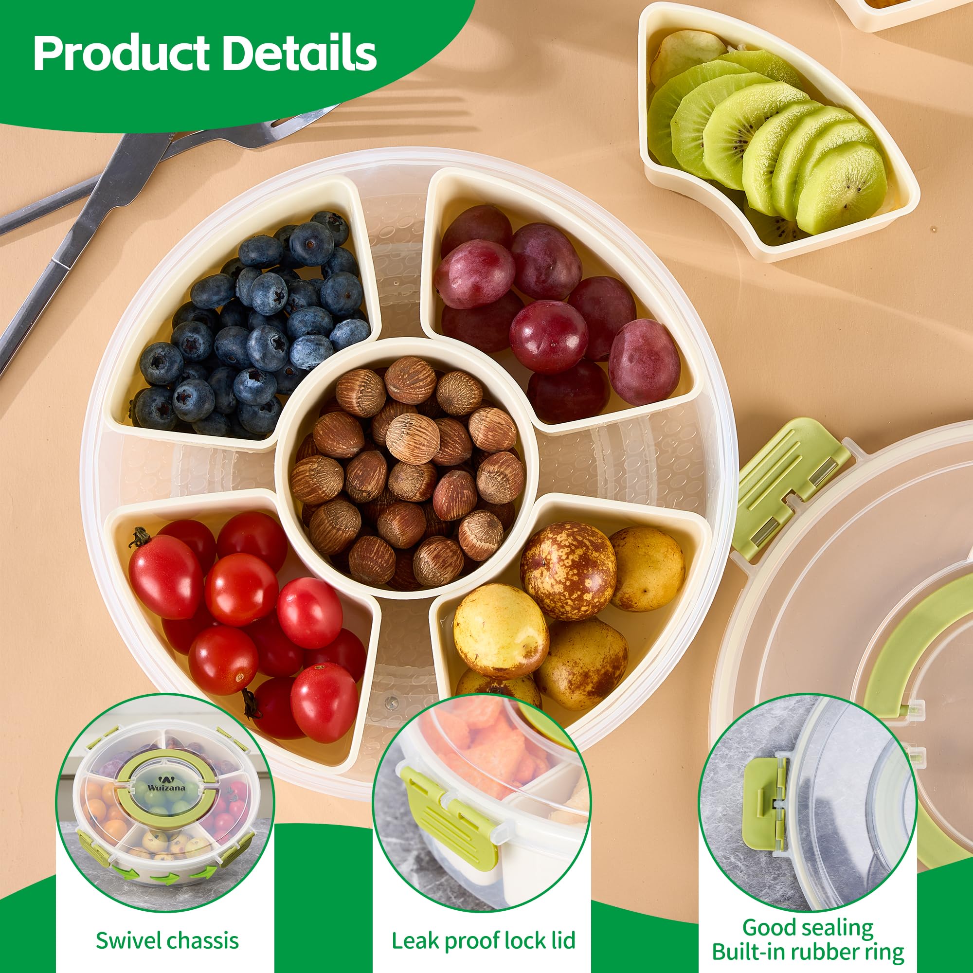Photo 1 of Divided Snack Container with Lid, 6-Compartment Round Snack Box with Handle, Portable Snack Tray for Fruits, Appetizers & Party Snacks, BPA-Free, Microwave & Dishwasher Safe