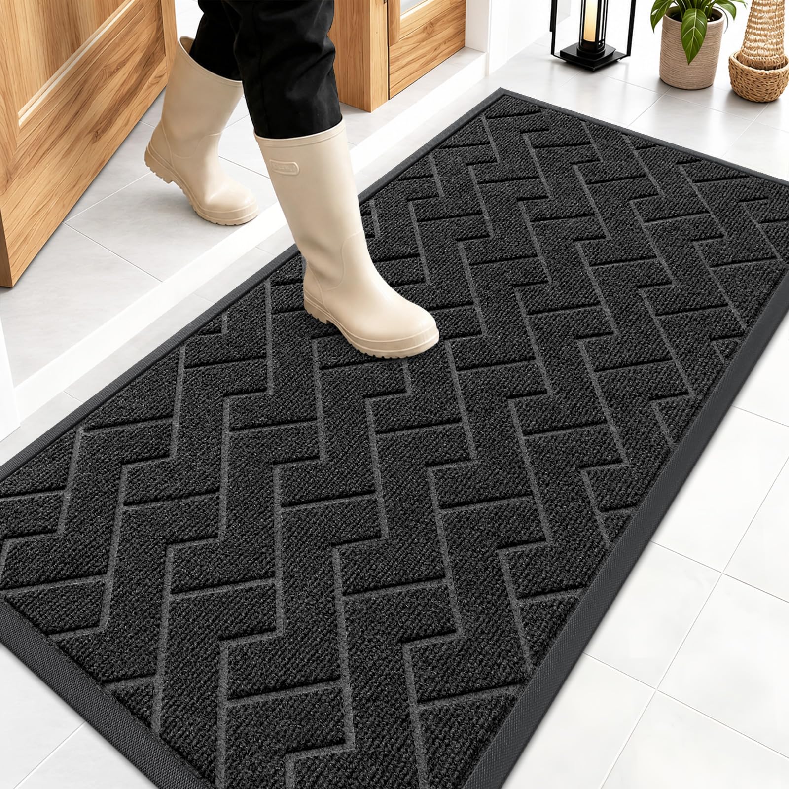 OLANLY Front Door Mat Outside 47x23, All-Season Absorbent Rubber Doormat | Black, Heavy-Duty, Stain and Fade Resistant, Waterproof Non-Slip Backing, Low-Profile Indoor Outdoor Floor Mat for Entryway
