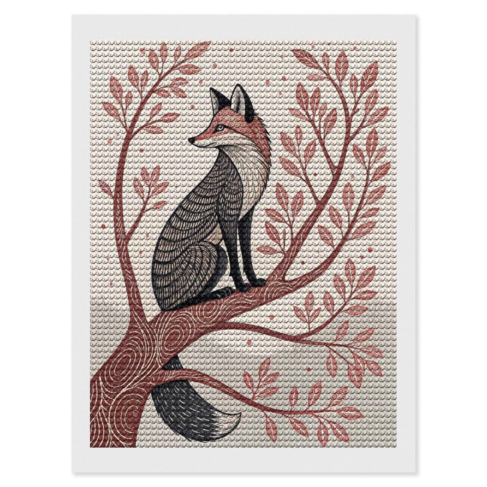 Junmoney Stylized Fox Sitting on A Tree Branch DIY Diamond Art Canvas Kit 12"x16", for Adults, Decorate Your Room, Gift Idea, Modern Decor, Finish and Display