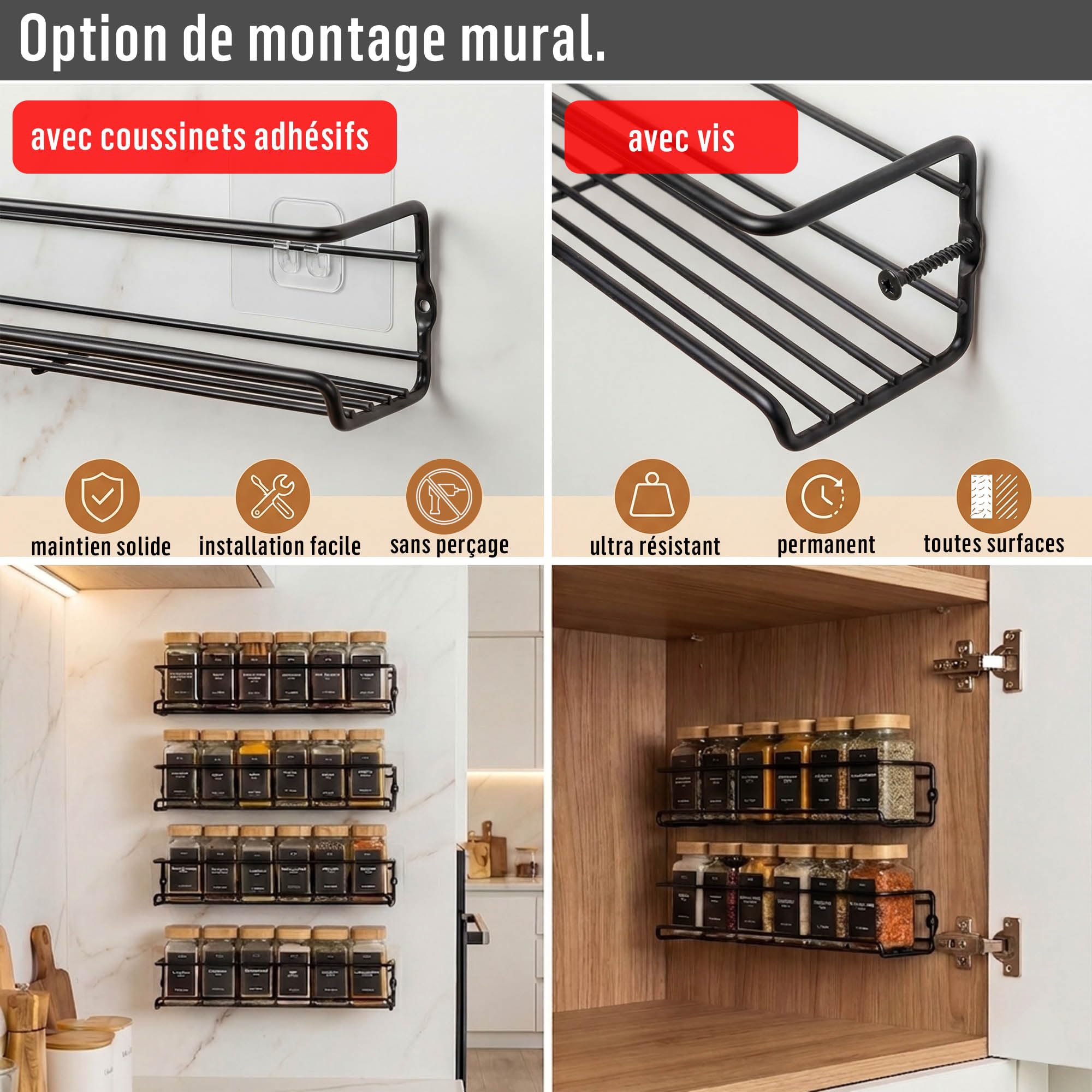 Deco haus® Etagere a Epices Murale Sans Percer avec 24 Pot à Épices en Verre - Porte-épices Murale 4 Pièces - Étagère de Rangement de Cuisine pour Épices - etagere epices cuisine murale