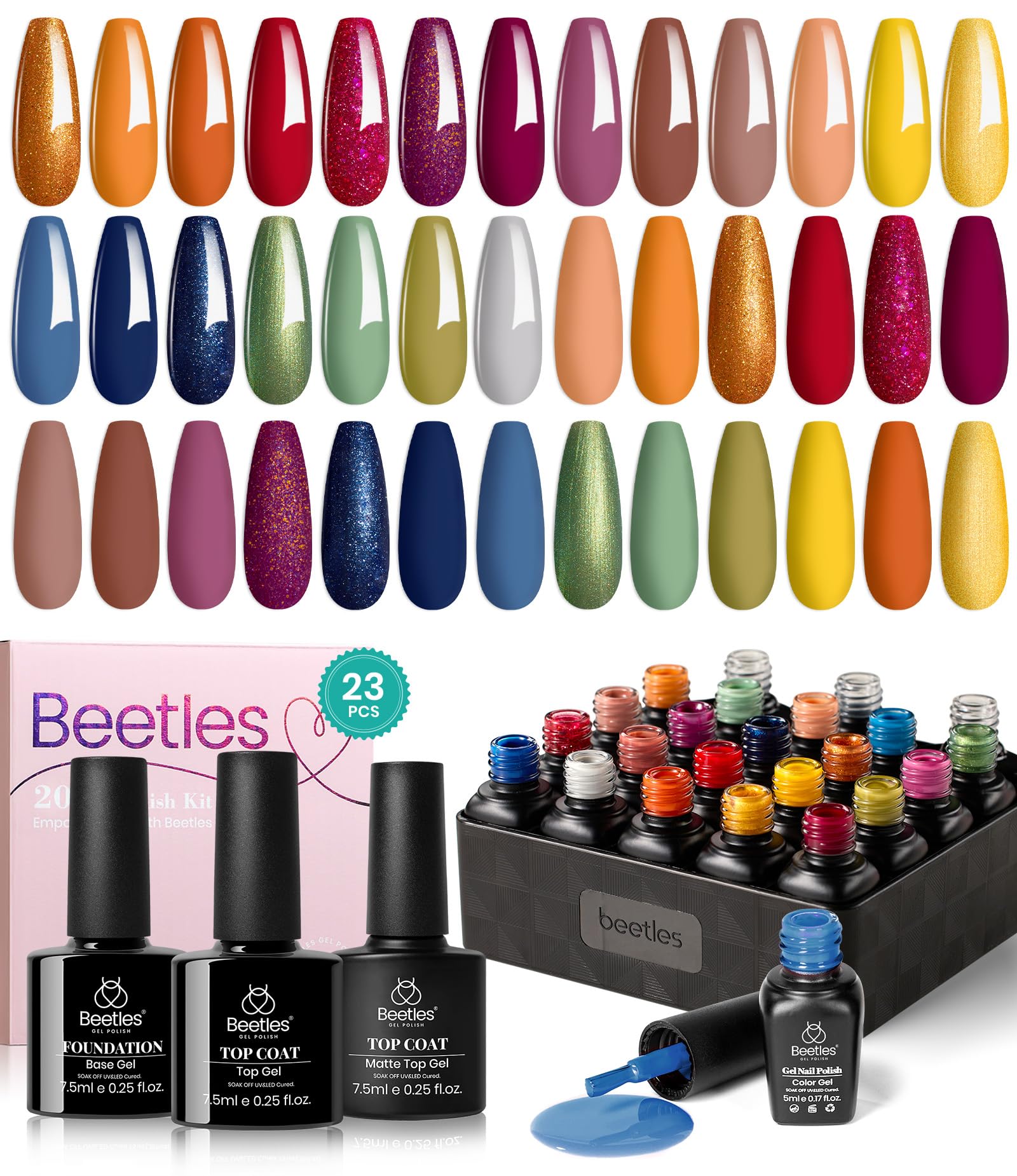 Set, 20 Colors Orange Yellow Burgundy Red Glitter Green Shades Gel Nail Polish with Base Matte & Glossy Top Coat Soak off Manicure Gifts for Women