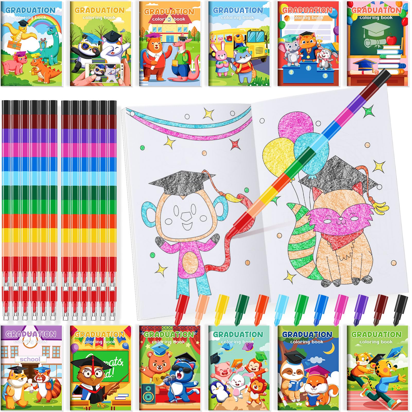 BenLouis 24 Kindergarten Graduation Mini Coloring Books Kids with 24 Stacking Crayons Preschool Party Favors Activity Books Bulk for Kids Student Grad Party Goodie Bag Gift Stuffer Classroom Reward
