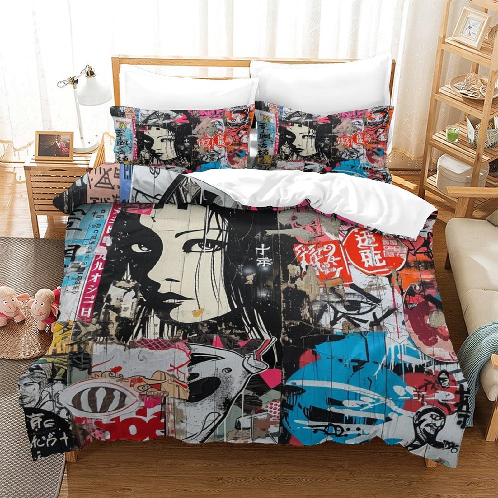 Japanese Graffiti Duvet Cover 3 Pieces 3D Printed STREET ART Microfiber Quilt Cover with 2 Pillow Cases Hidden Zipper for Boys Girls Kids Youth Teens Single（140x200cm）