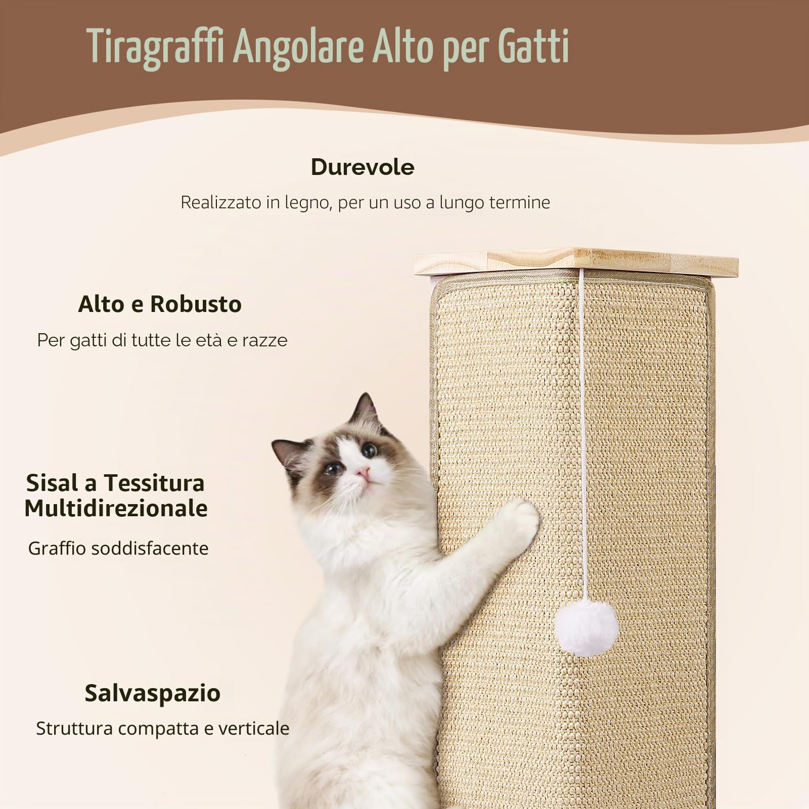 Tiragraffi angolare per gatti, alto 88 cm, con palla interattiva, tappetino sostituibile in sisal per gatti interni, protezione per mobili per divano e parete