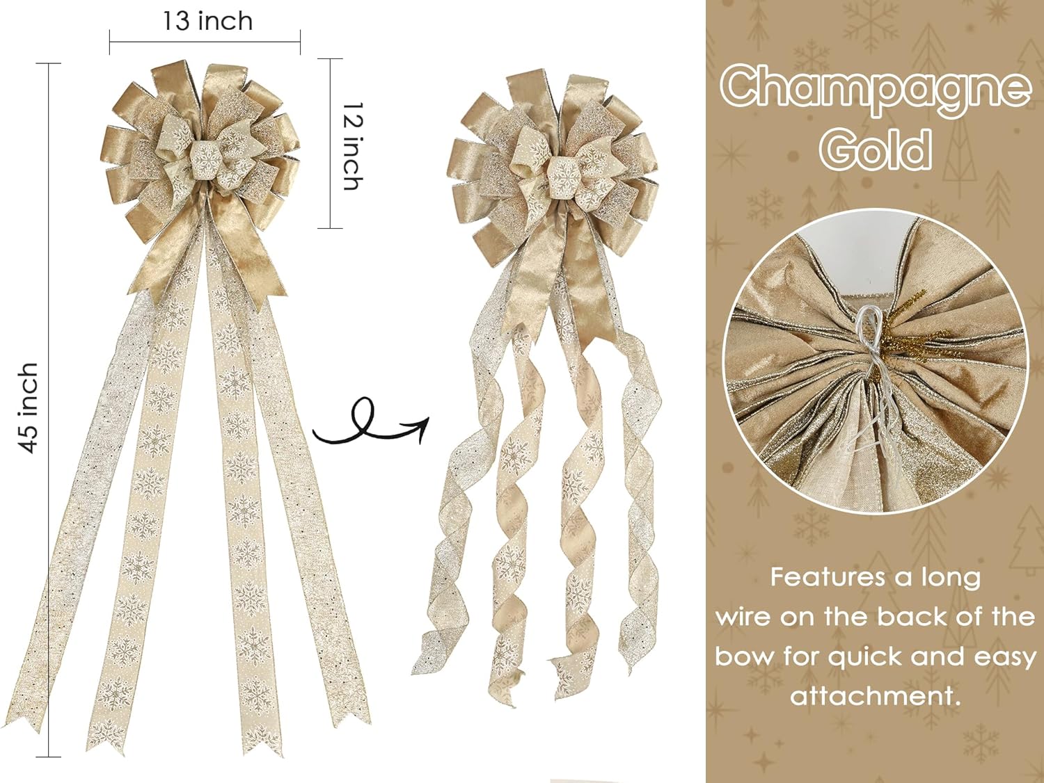 HUIHUANG Christmas Tree Topper Bow Champagne Gold Christmas Bows 13 inch x 45 inch Large Snowflake Velvet Bows for X-mas Ornament, Wreaths, Staircase, Mantel, Home Decor - Image 2