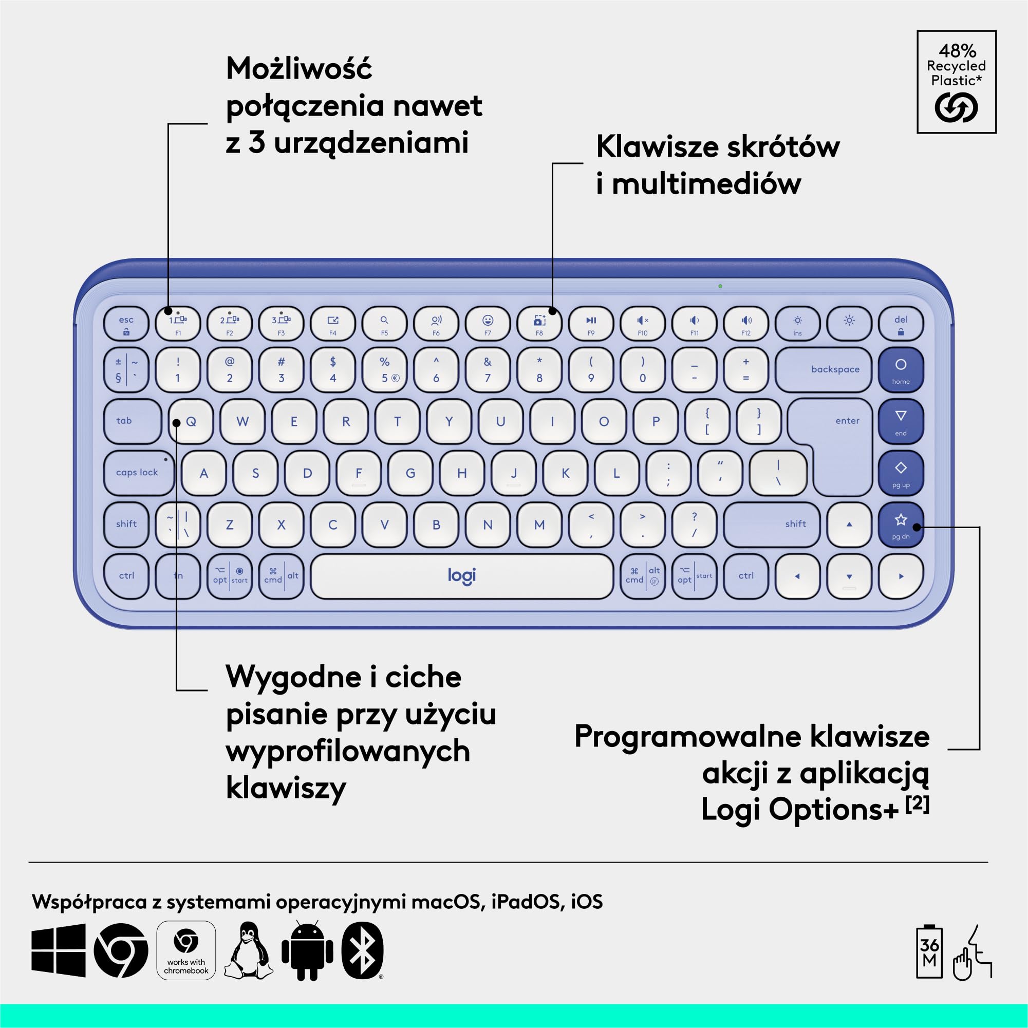 Logitech POP ICON KEYS, bezprzewodowa klawiatury Bluetooth, programowalne klawisze, funkcja Easy-Switch, do laptopa, tabletu, komputera PC, QWERTY układ US international - Liliowy