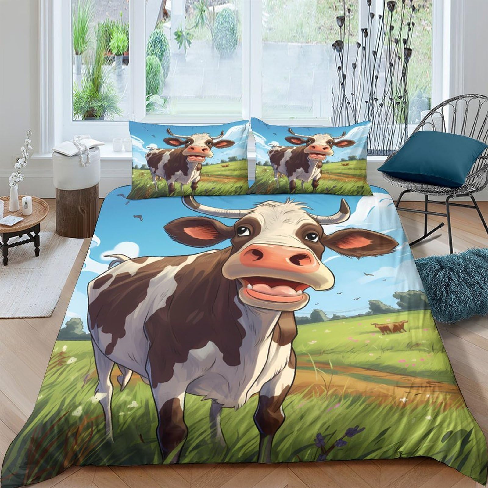GPLZQXKJNH 3D Printed Cartoon Cow Duvet Cover Microfiber Soft Breathable Meadow Farm Bedding Set with 2 Pillowcases for Bedroom Decor Single（135x200cm）