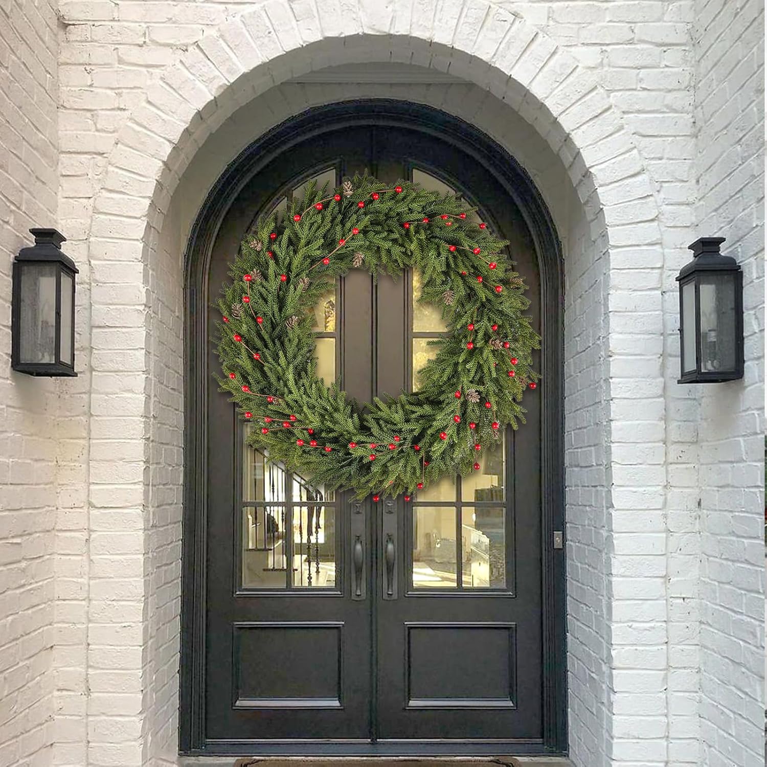 28 Inch Large Christmas Wreath with Pine Cones Red Berries, Bendable Winter Wreaths for Front Door, Christmas Wreath for Door, Cedar Wreath, Christmas Greenery Christmas Decorations Outside