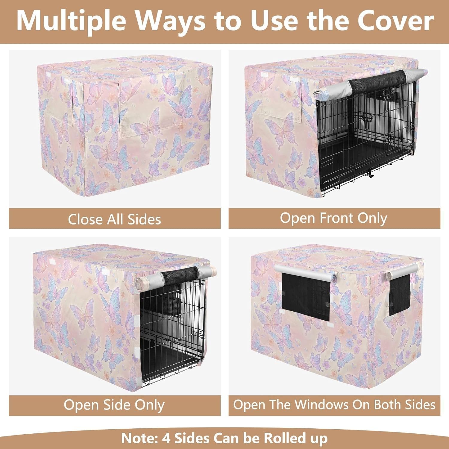Duty 600D Silver Coated Dog Crate Cover, Water-Resistant Butterfly Print Pet Kennel Canopy with Mesh Windows for Optimal Ventilation, Universal Fit for Standard Wire Cage, Indoor & Travel