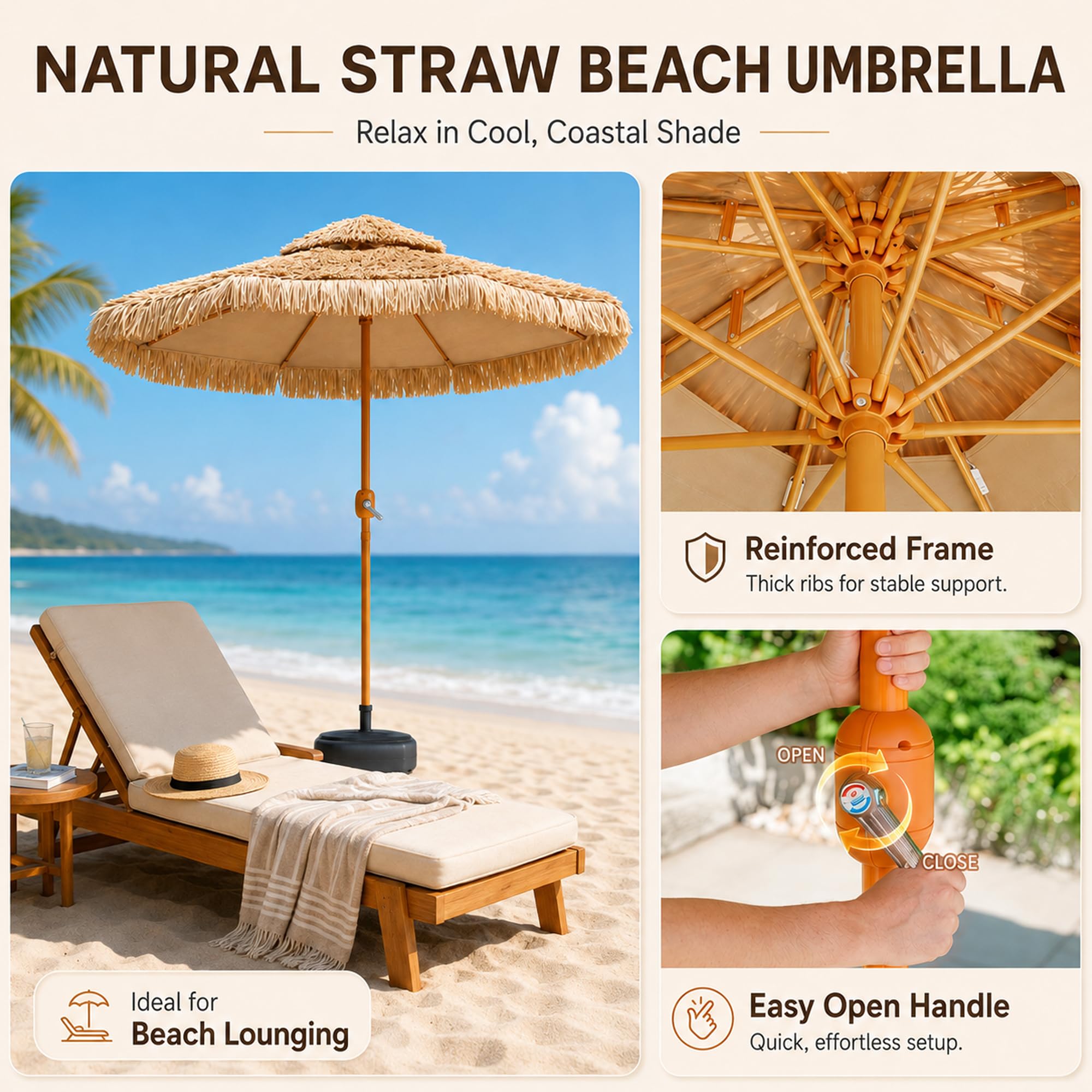 Parasol à Franges avec Pied, Grand Parasol de Plage Style Chaume