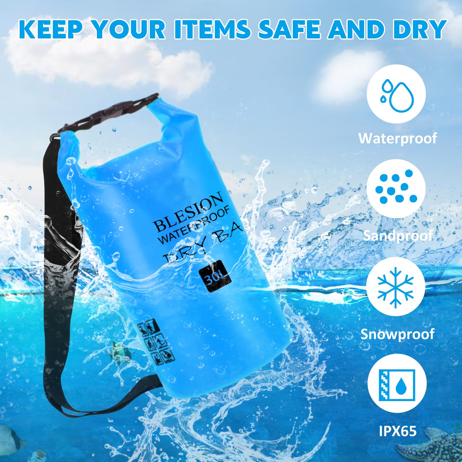 BLESION Dry Bag 5L/10L/15L/20L/30L wasserdichte Tasche Verstellbarer Schultergurt, Wasserdichter Rucksack für Kajakfahren, Angeln, Schwimmen, Wandern Reisen