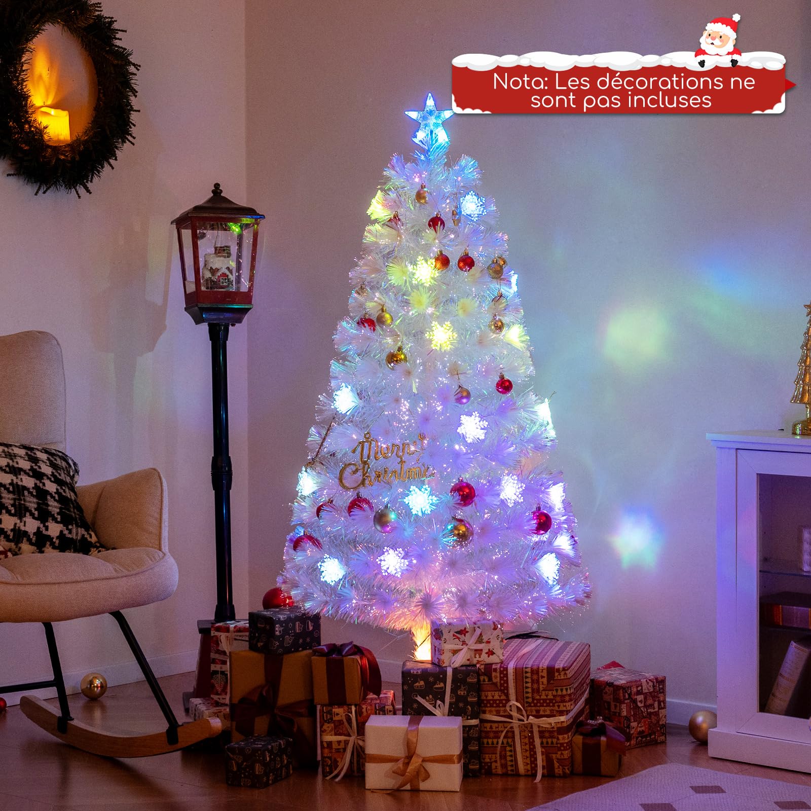 COSTWAY Sapin de Noël Artificiel à Fibre Optique Lumineux LED 120 cm, Blanc avec Feuilles Irisées, Lumières LED Flocon de Neige Multicolores, Lumière Etoilée Supérieure, pour Bureau, Maison