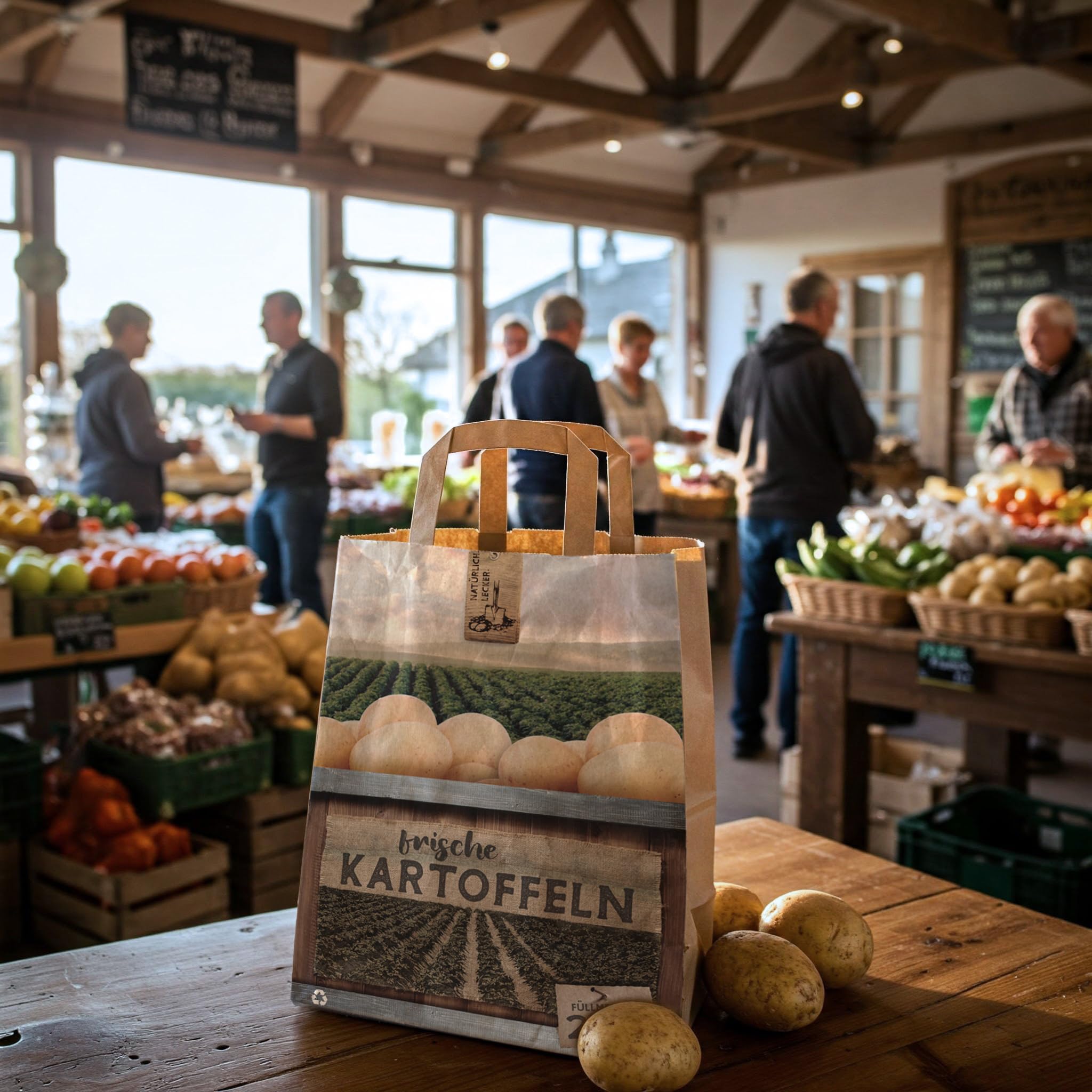 750 Papiertragetaschen "Aus der Region" Papiertaschen | Kartoffeln | Papiertüten | 2,5kg | Flachhenkel