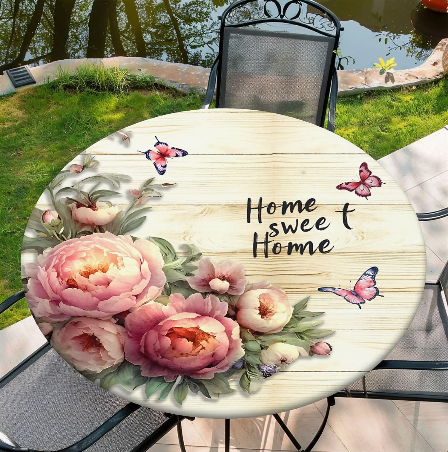 artslion Round 44in Tablecloth with Elastic Fits Tables Size 38"-42", Peonies and Butterflies Outdoor Tablecloth