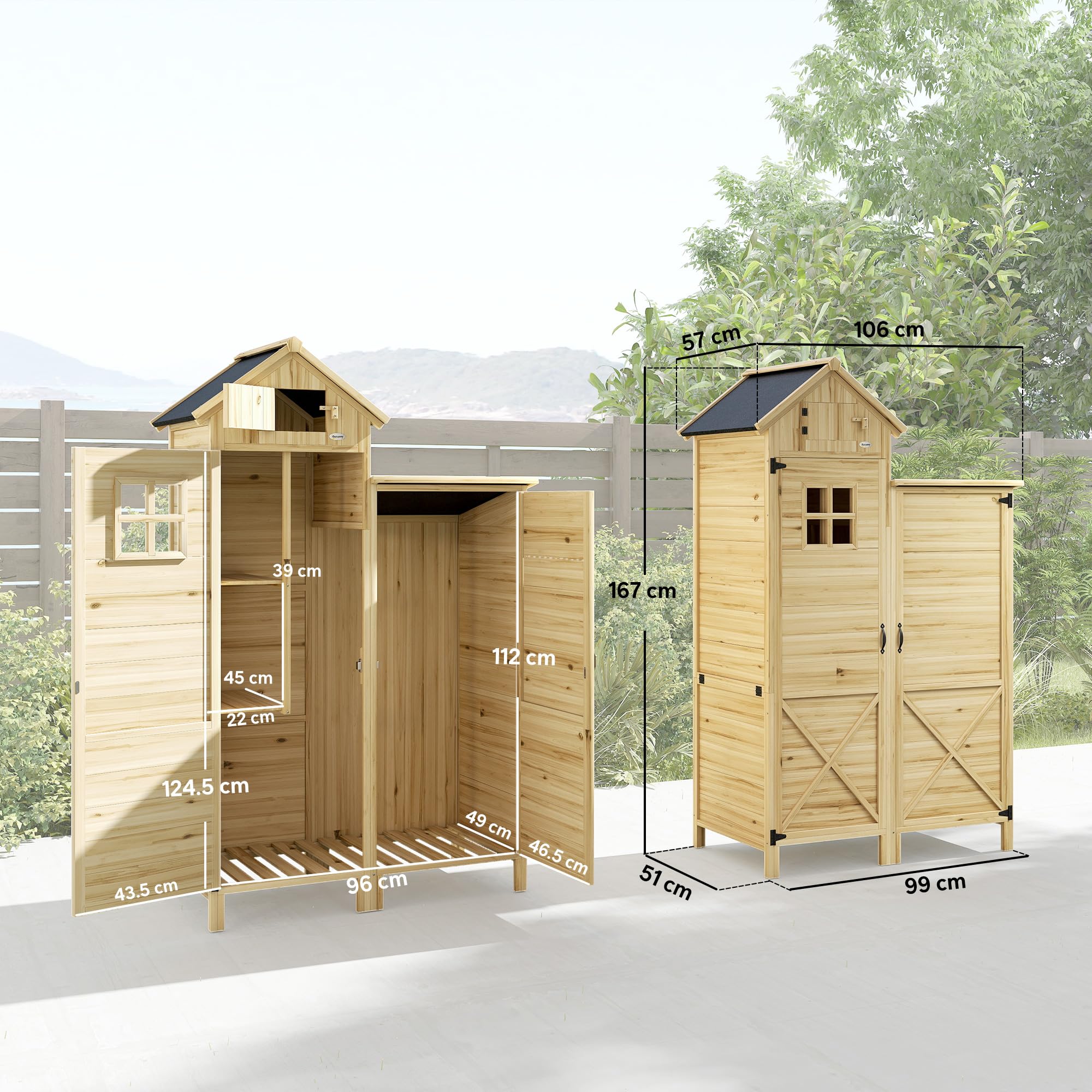 Outsunny Armadio da Giardino in Legno di Abete Design a Doppia Zona, Casetta Porta Attrezzi da Esterno con Ripiani Amovibili, Finestre, Porte, Tetto Asfaltato Inclinato, 106x57x167 cm, Color Legno