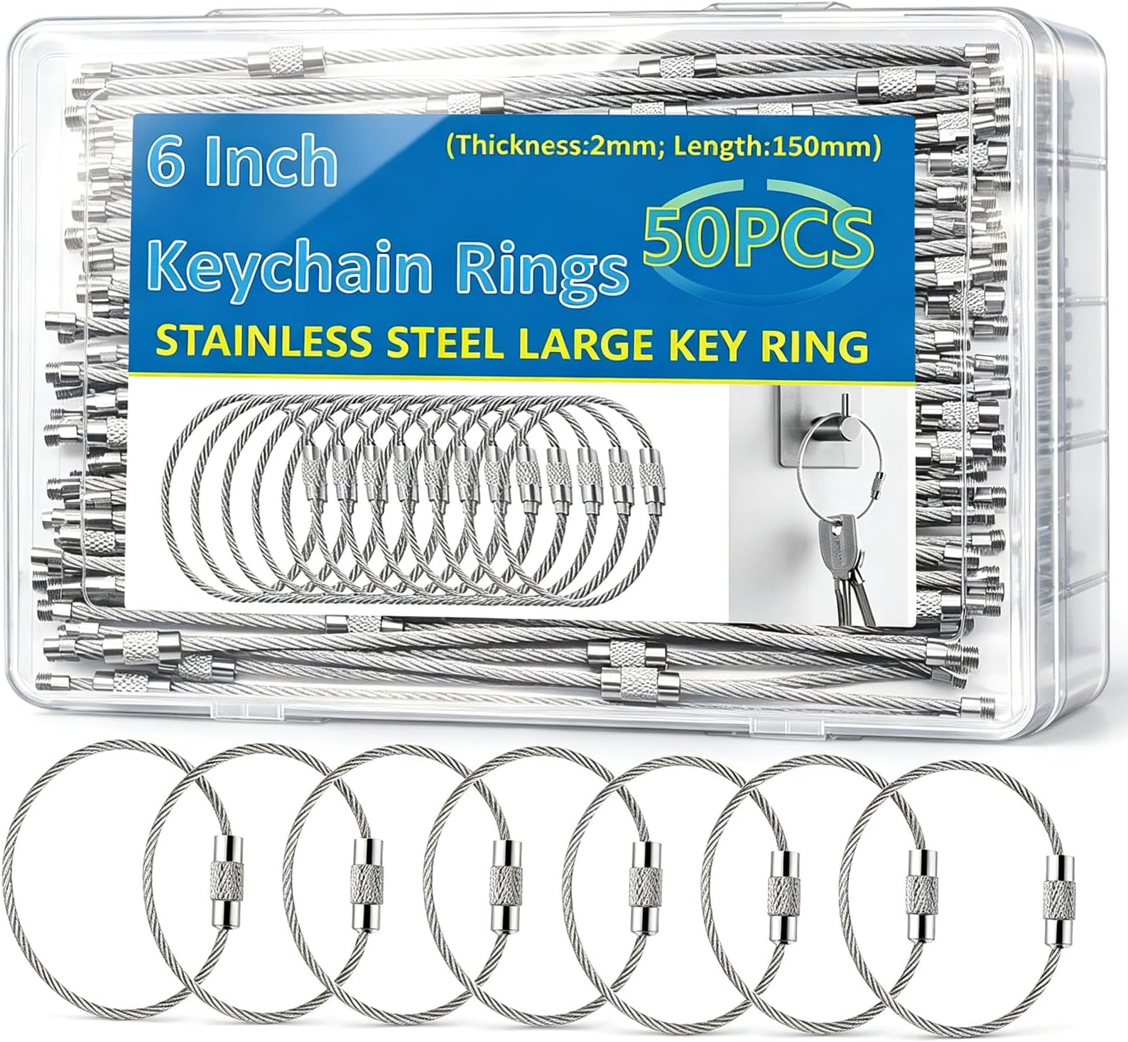 50 Pack Key Chain 6 inch Keychain Rings 2mm Stainless Steel Large Key Ring for Key Tags,Keyrings, Luggage Tags,ID Tag Keepers,Car Keys Wire Keychain Cable Packed in Box