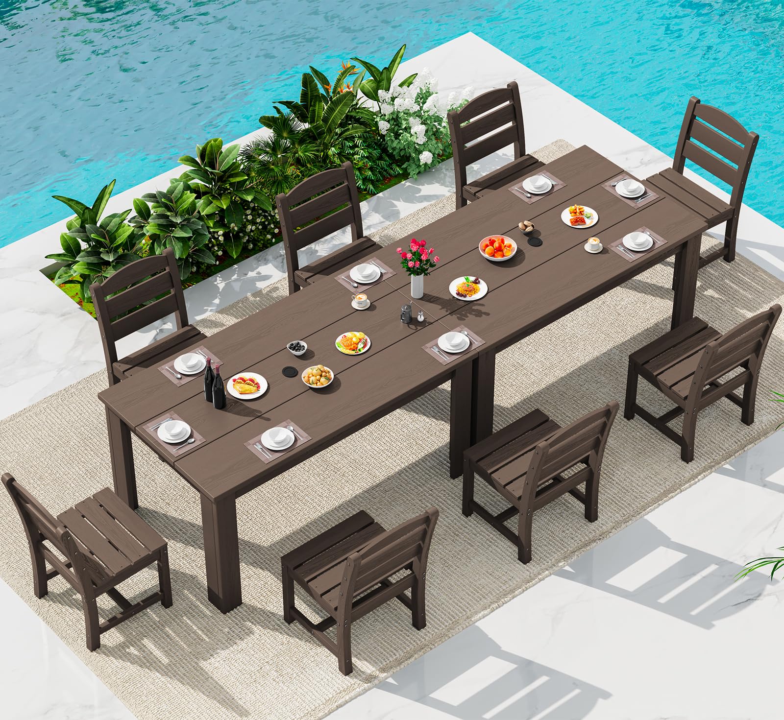 SERWALL 59" Patio Dining Set for 8, HDPE Dining Set, Coffee