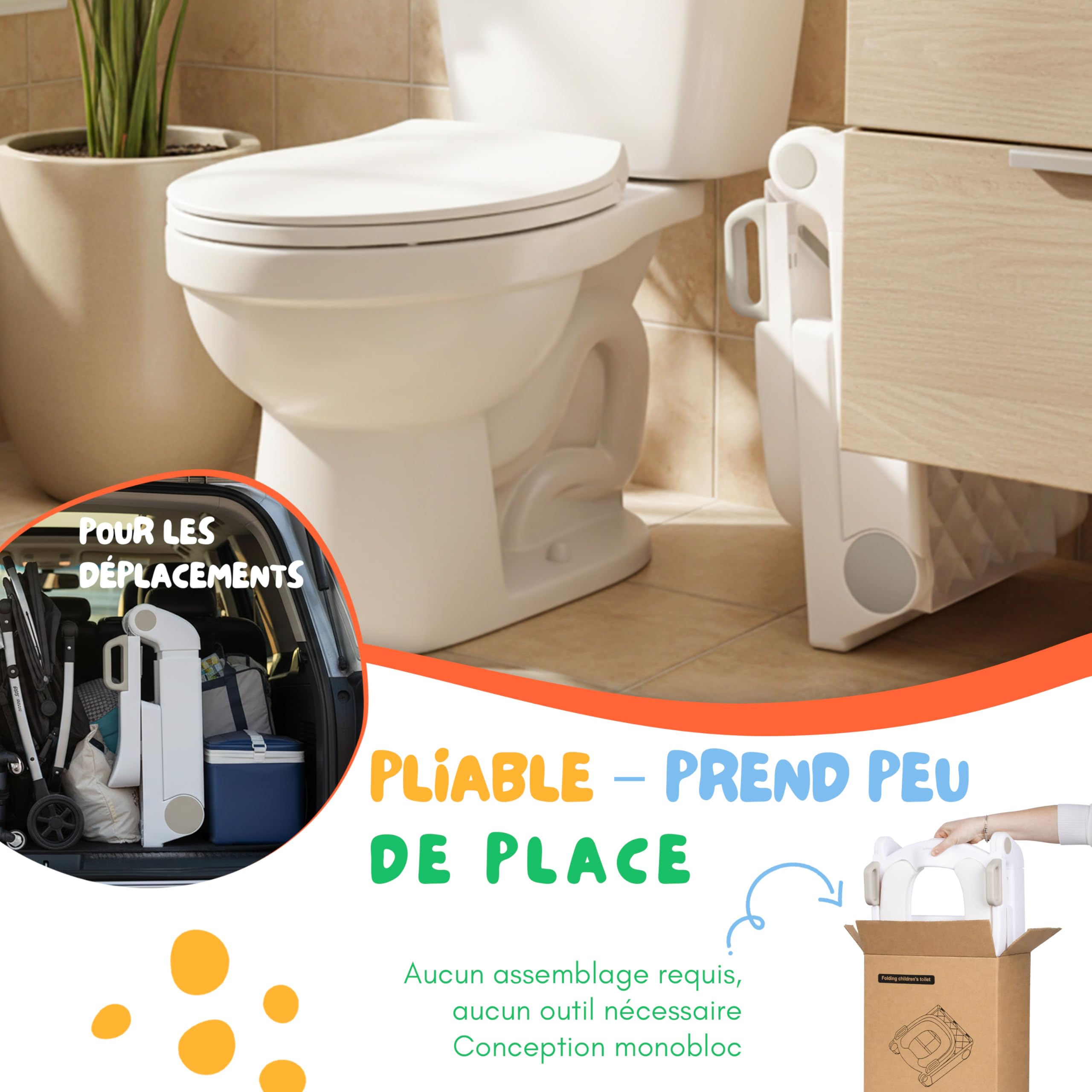 Reducteur Toilette Enfant avec Marche Beige à Partir de 18 Mois - Rehausseur Toilette Pour Garçons et Filles - Pliable Adaptateur WC pour Enfant avec Réglage en Hauteur Continu