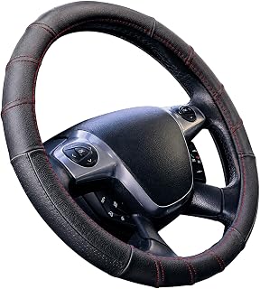 Sumex 2505FL1 Leather Steering Wheel Cover Black with Red Stitching