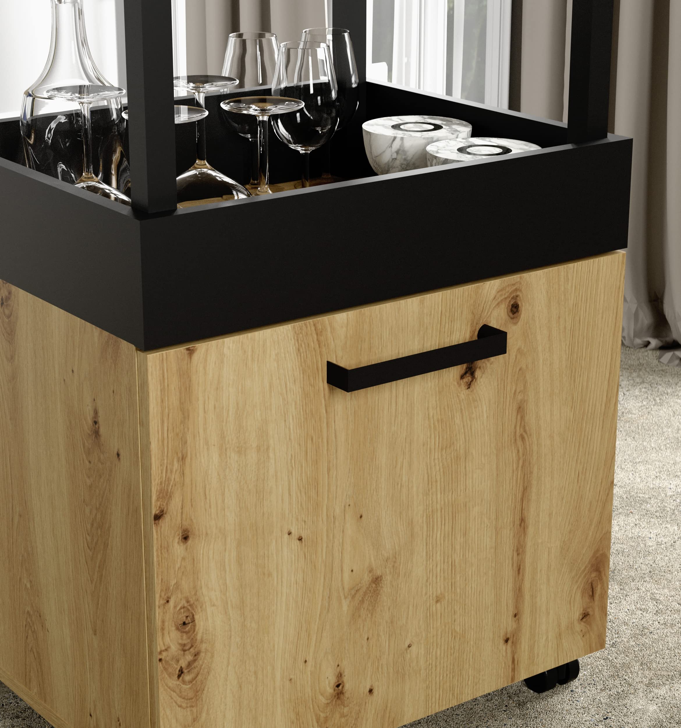 FORTE HOME BAR Barschrank mit Rollen und 1 Tür, Holzwerkstoff, Artisan Eiche / Schwarz matt, 50.2 x 88.5 x 41 cm