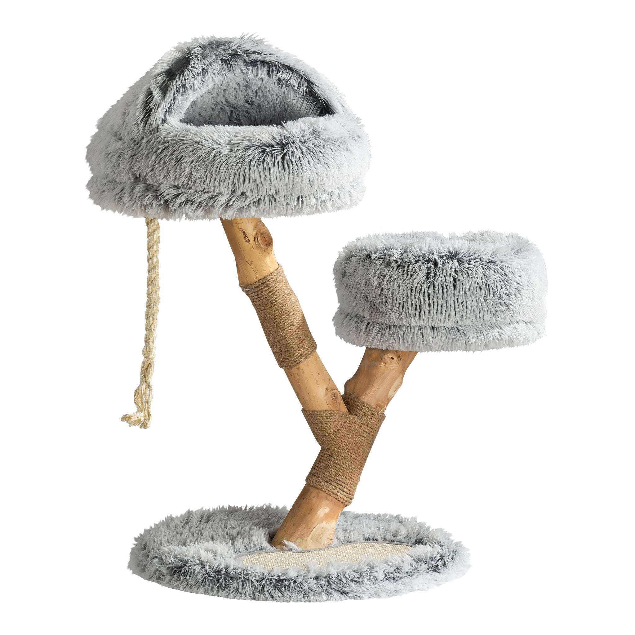Fudajo Arbre à Chat - 80 cm de Haut - Design ludique « Branche » - Meuble grattage félin Peluche - Couleur crème-Gris - en Poirier - avec Grotte, Sisal et Plate-Forme