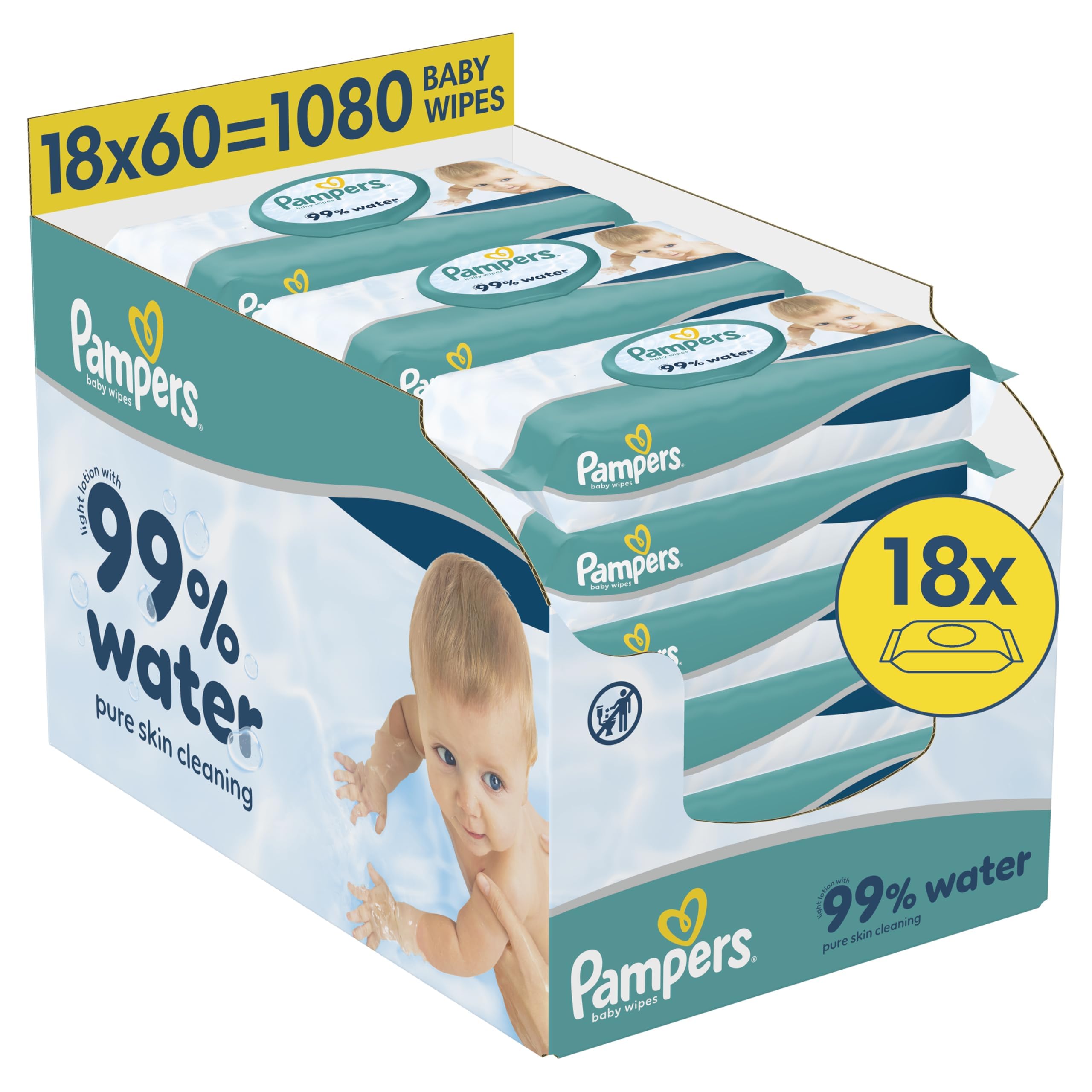 Pampers 99% Water Baby-Feuchttücher, 18 Packungen mit 60 Feuchttüchern = 1080 Baby-Feuchttücher, leichte Lotion mit 99% Wasser