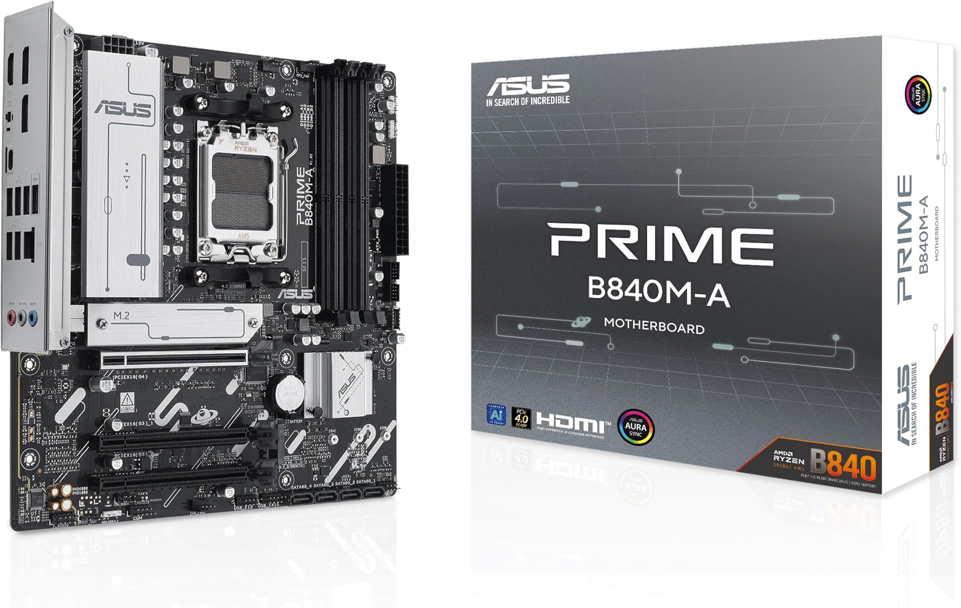 ASUS PRIME B840M-A CSM AMD B840 mATX motherboard, DDR5, PCIe 4.0 Ready, 3xM.2 slots, 2.5Gb Ethernet, DisplayPort, HDMI, rear and front USB 5Gbps Type-C support, BIOS FlashBack, Corporate Stable Model