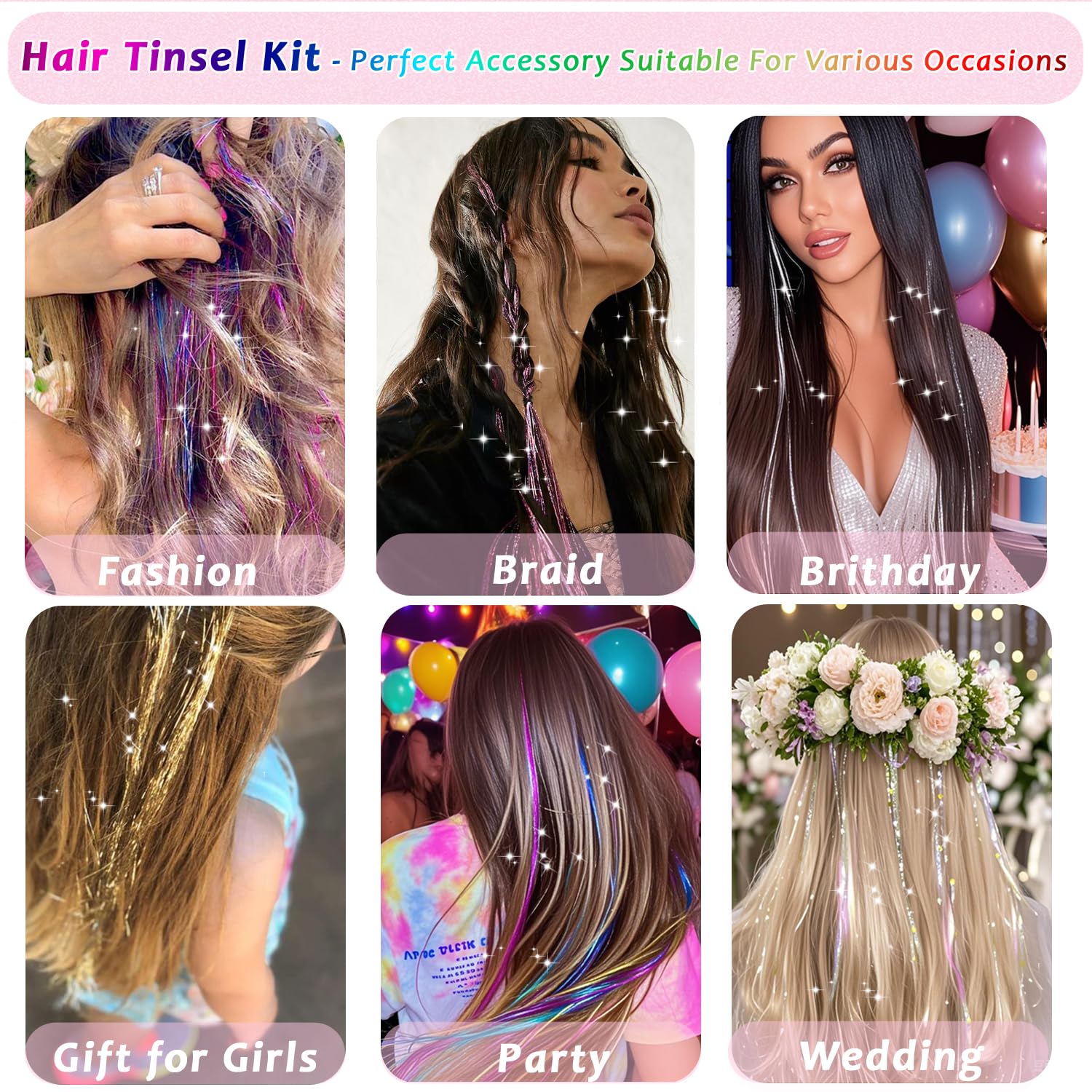 Kit de oropel para el cabello, 24 colores, 7800 hebras de cabello con herramientas, extensiones de cabello de oropel con purpurina de 48 pulgadas, kit de oropel de pelo de hada festivo, para 4