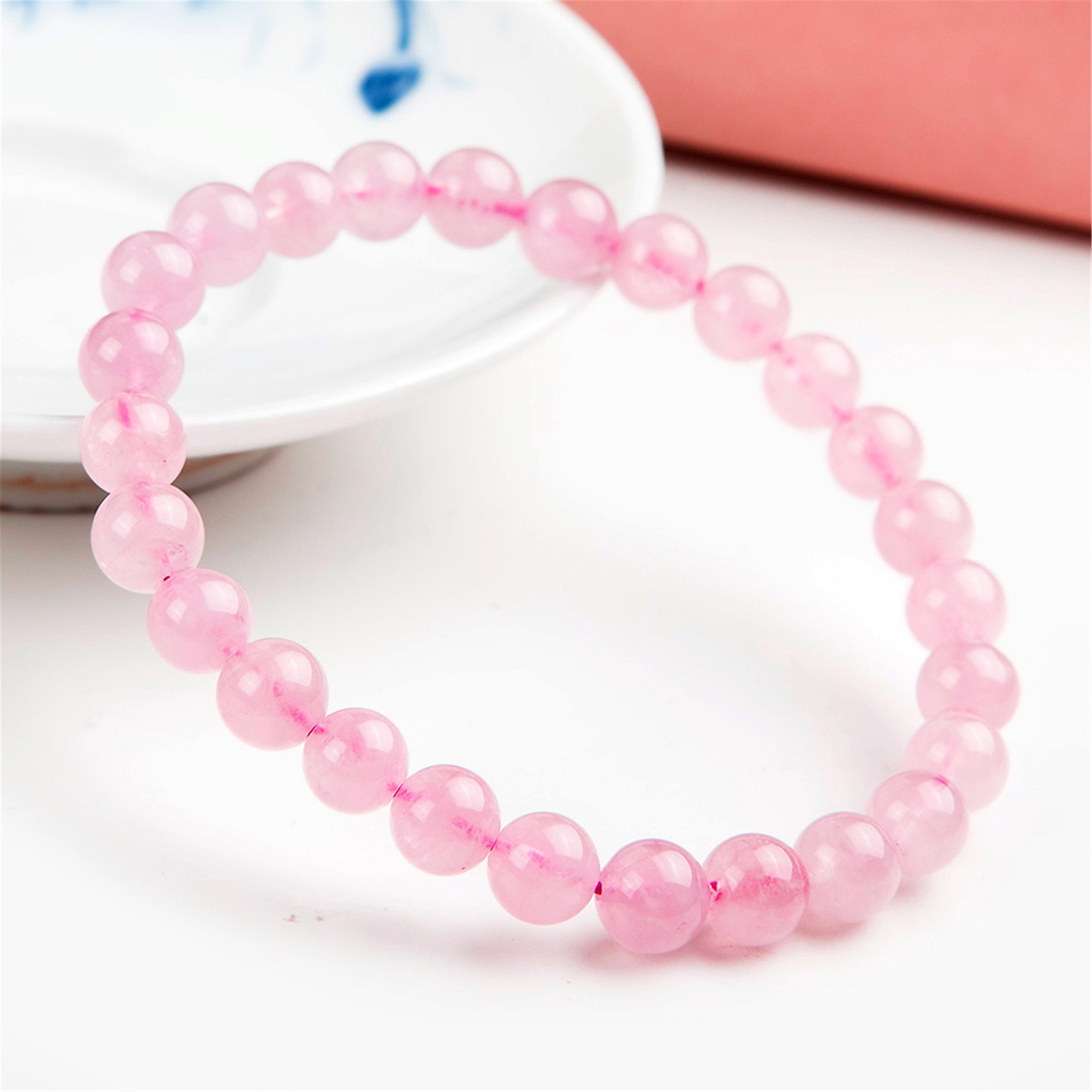 Pulsera elástica de cuentas redondas de cristal de cuarzo rosa Natural rosa auténtico de 7mm para mujer