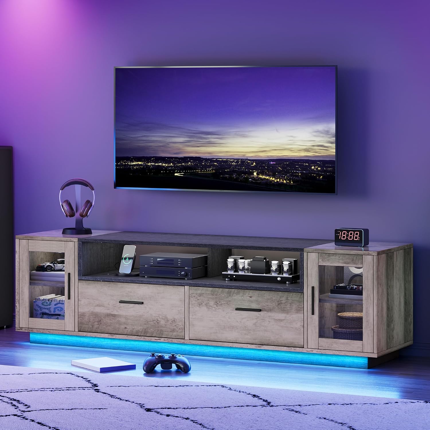 DWVO LED TV Stand with Power Outlets & Storage, TV Console, Rustic Grey