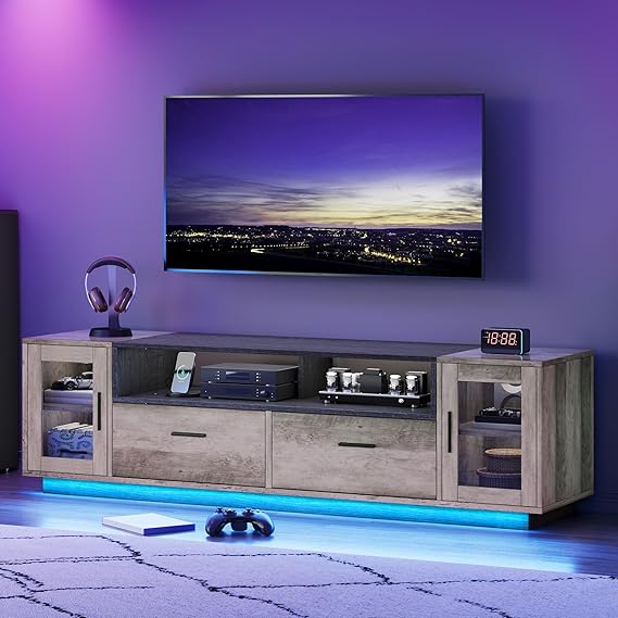 DWVO Modern TV Stands for Living Room with Power Outlets, Farmhouse TV Stand for 65+ inch TV, LED Entertainment Center with Storage Cabinet, TV Console Cabinet, Gaming Media Stand, Rustic Grey