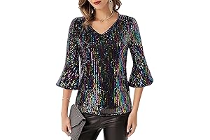Sequin Tops for Women 3/4 Bell Sleeve Shiny Tops