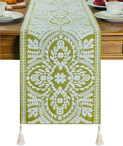 Miniatura 4 de KEVA Camino de mesa bohemio de 72 pulgadas de largo con borlas de madera hechas a mano, camino de mesa rústico vintage bordado de 13 x 72 pulgadas