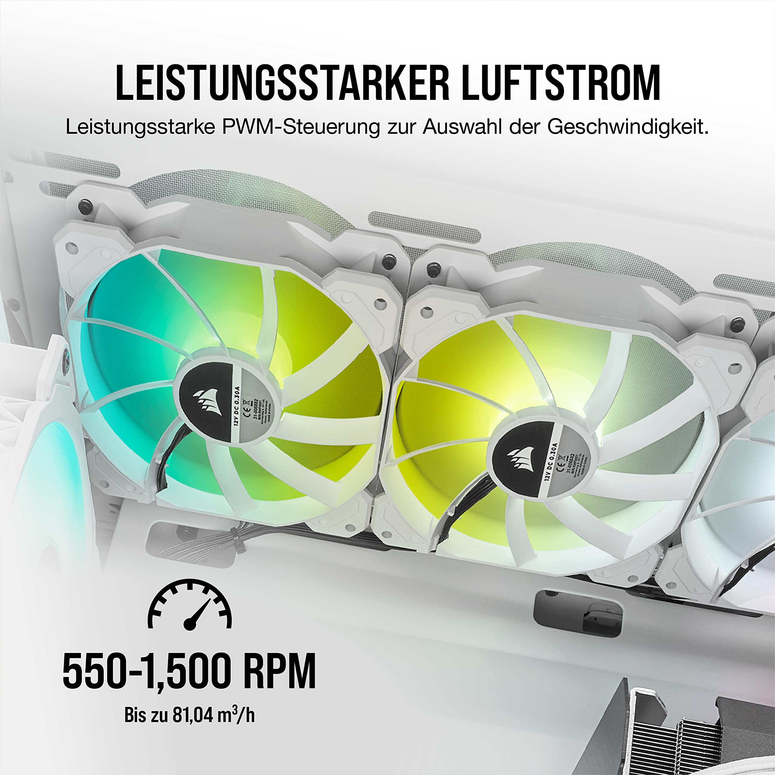 Corsair iCUE SP120 RGB ELITE Performance 120mm-PWM-Lüfter 3er-Pack mit iCUE Lighting Node CORE (CORSAIR AirGuide-Technologie, acht ansteuerbare RGB-LEDs, leise 18 dBA, bis zu 1.500 U/min) Weiß, 120 mm