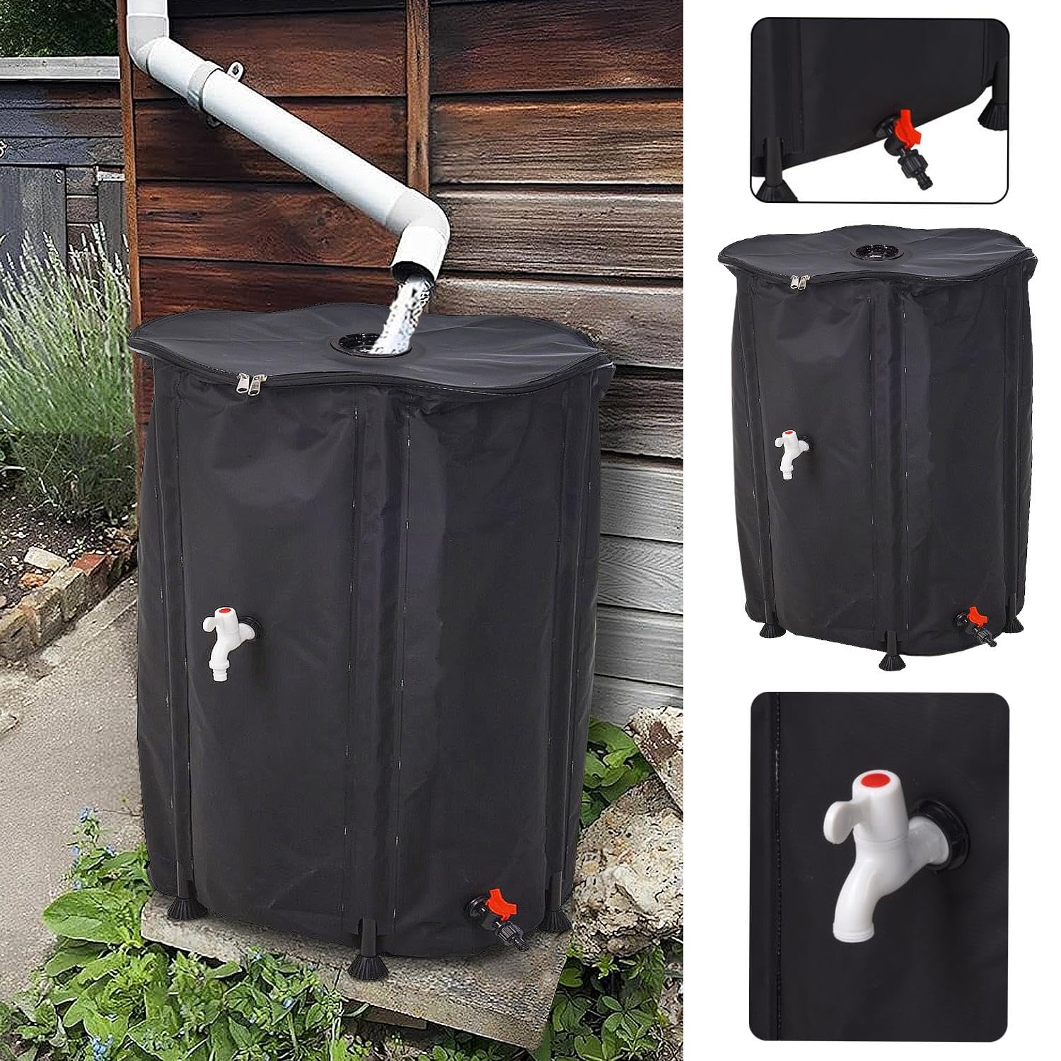 DANIEL JAMES Housewares Depósito de Agua Plegable, Barril colector de Agua de Lluvia Grande de 500 L con Grifo, Tapa y Conector de Manguera para jardín y Exteriores, Negro, 500 litros
