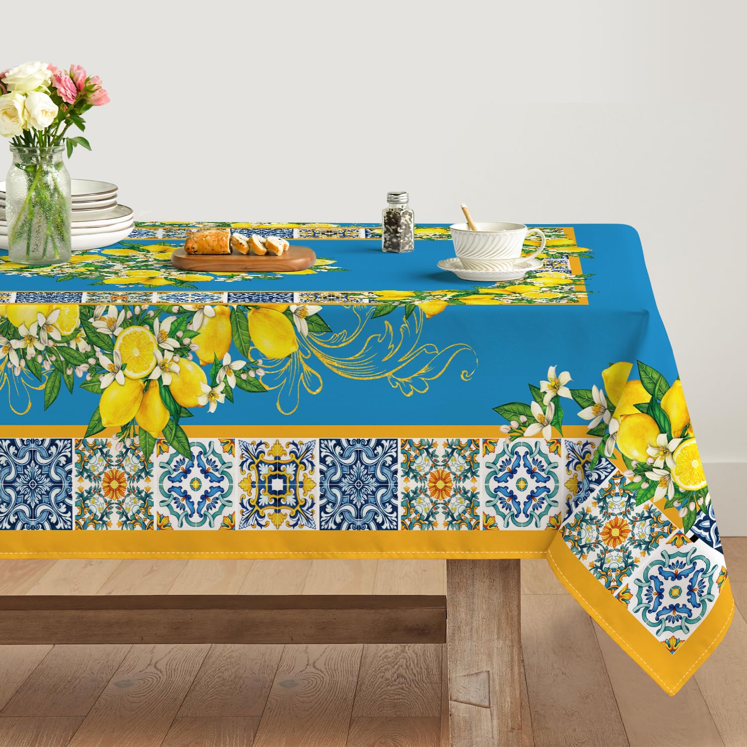 Artoid Mode Boho Vintage Lemon Flowers Table Cloth, Rectangular 140x110 cm Spring Decorative Table Cover Protector For Party Home Table Decorations