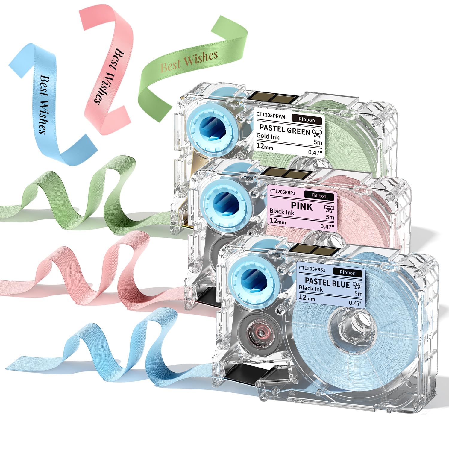 Phomemo A30 P15 Exclusive Ribbon Labels Ideal for Gift Wrapping, Wedding Bouquets, DIY Crafts, and Valentine's Day 12mm × 5m Long 3-roll Set (Light Blue, Light Pink, Light Green Ribbon Labels)