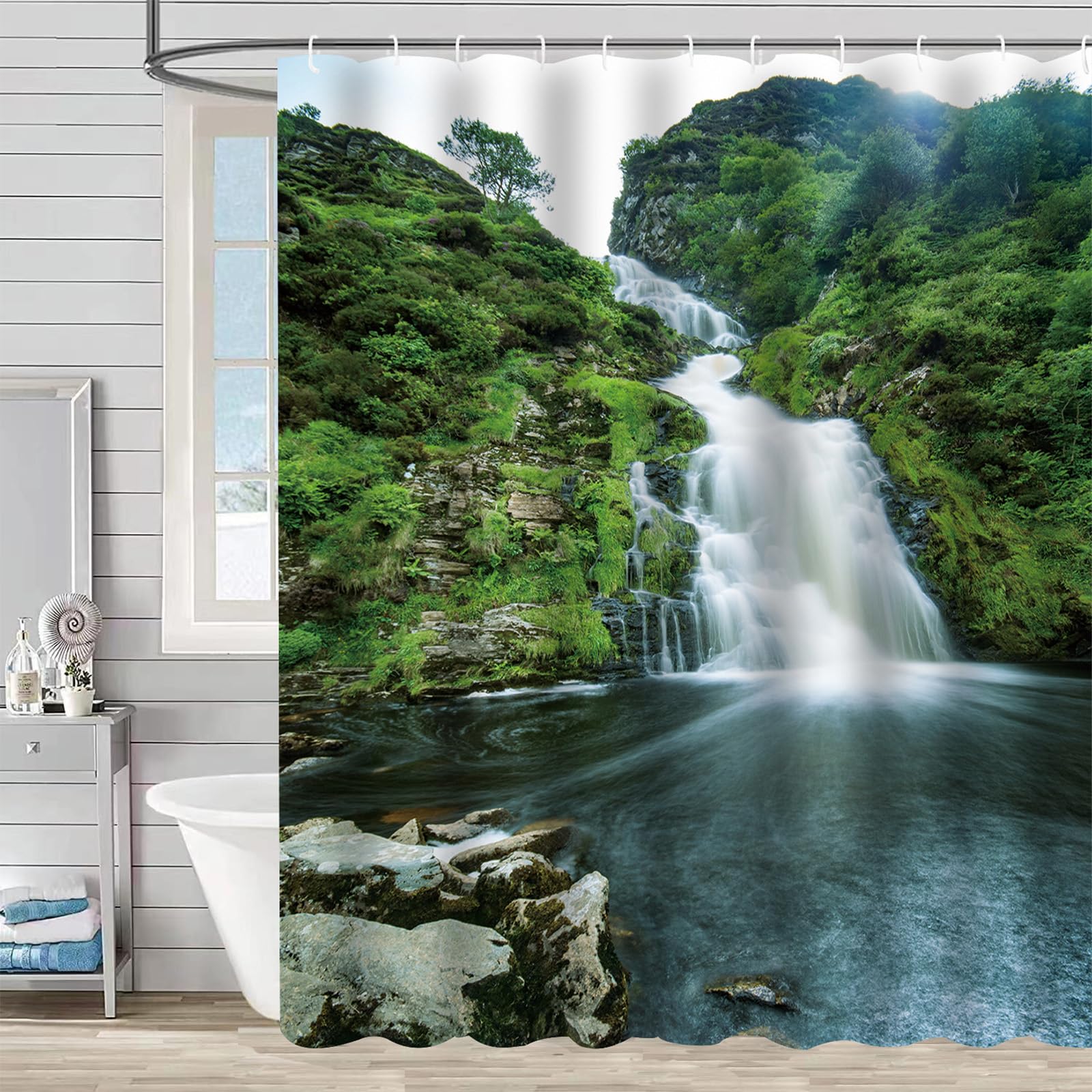 FAIRYGATE Shower Curtains Scenery Shower Curtain Green Lake Summer Waterfall in Forest Woodland Nature Jungle Scenery Waterproof Shower Curtain Bathroom Decorative 180x180cm B8522
