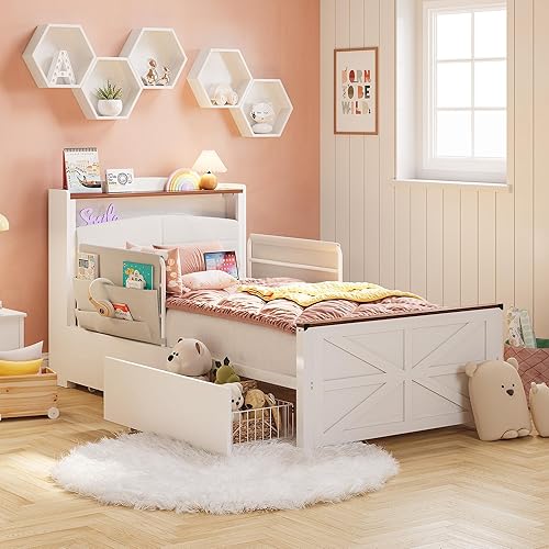 IRONCK Twin Bed Frame with Rails, Farmhouse Platform Bed with 2 Drawers, Upholstered StorageHeadboard & Charging Station for Boys Girls Teens, No Box Spring Needed, White/Walnut