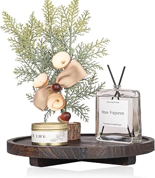 Round Decorative Tray Wood Bathroom Counter Organizer Farmhouse Kitchen Decor Wooden Riser for Soap Dish, Perfume, Candle, Sponge, 10" - Dark Brown