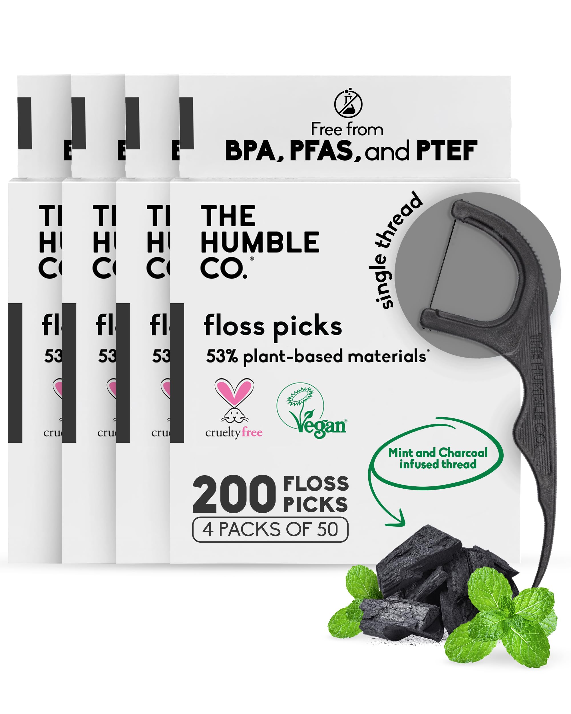 Floss Picks (200 Count) – Plant Based Dental Floss Picks for Superior Oral Care, Dental Hygiene, and Gum Health, Cruelty Free Tooth Floss Picks (Charcoal, Single Thread)