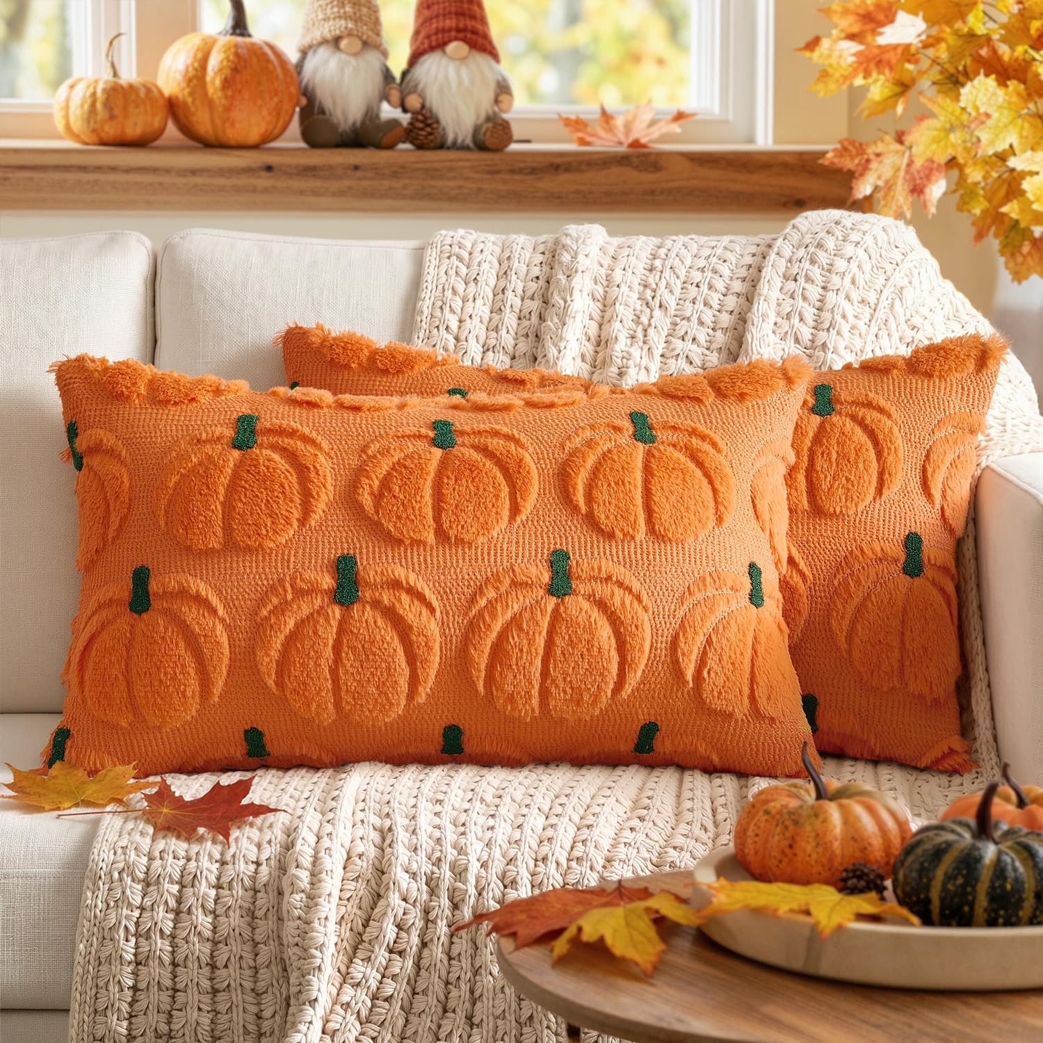 MIULEE Cushion Cover Set 2 Pieces Sofa Cushion Cover Artificial Wool Autumn Pumpkin Pattern Bedroom Orange Green Stems