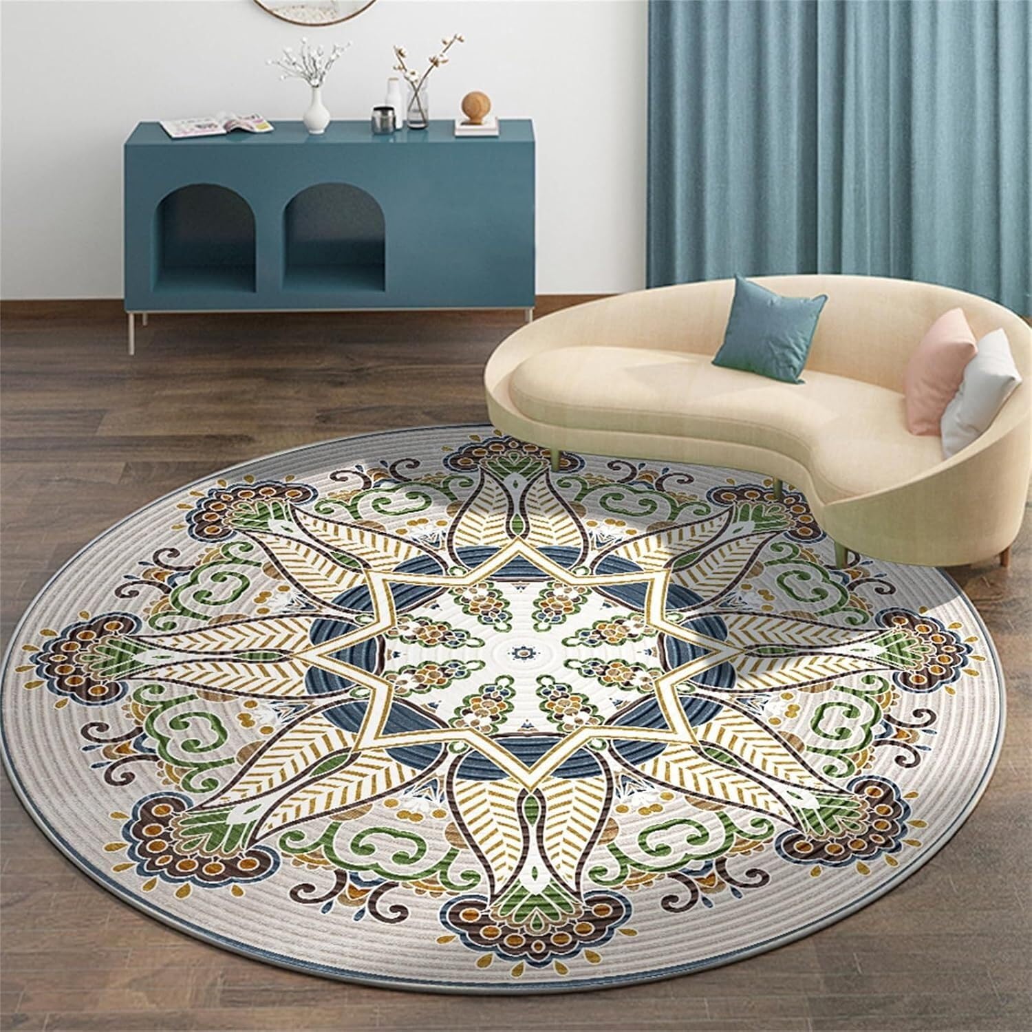 SSDDLZEQ Premium durable range Retro Mandala-style Round Computer Chair Cushion, Suitable For Wooden Floors(Green Yellow,80cm)