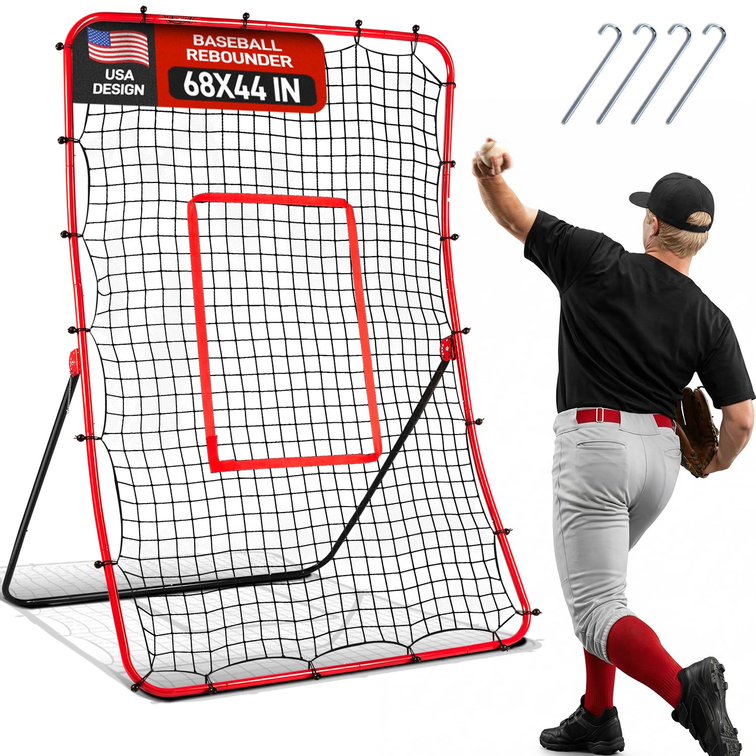 Baseball-Rebounder- und Pitchback-Netz, 5 Winkel verstellbar, simulierender Erdungs- und Fliegenball-Trainer für Spielfeld, Werfen, Fangen, Baseball- und Softball-Pitching und Feldrückprallnetz für