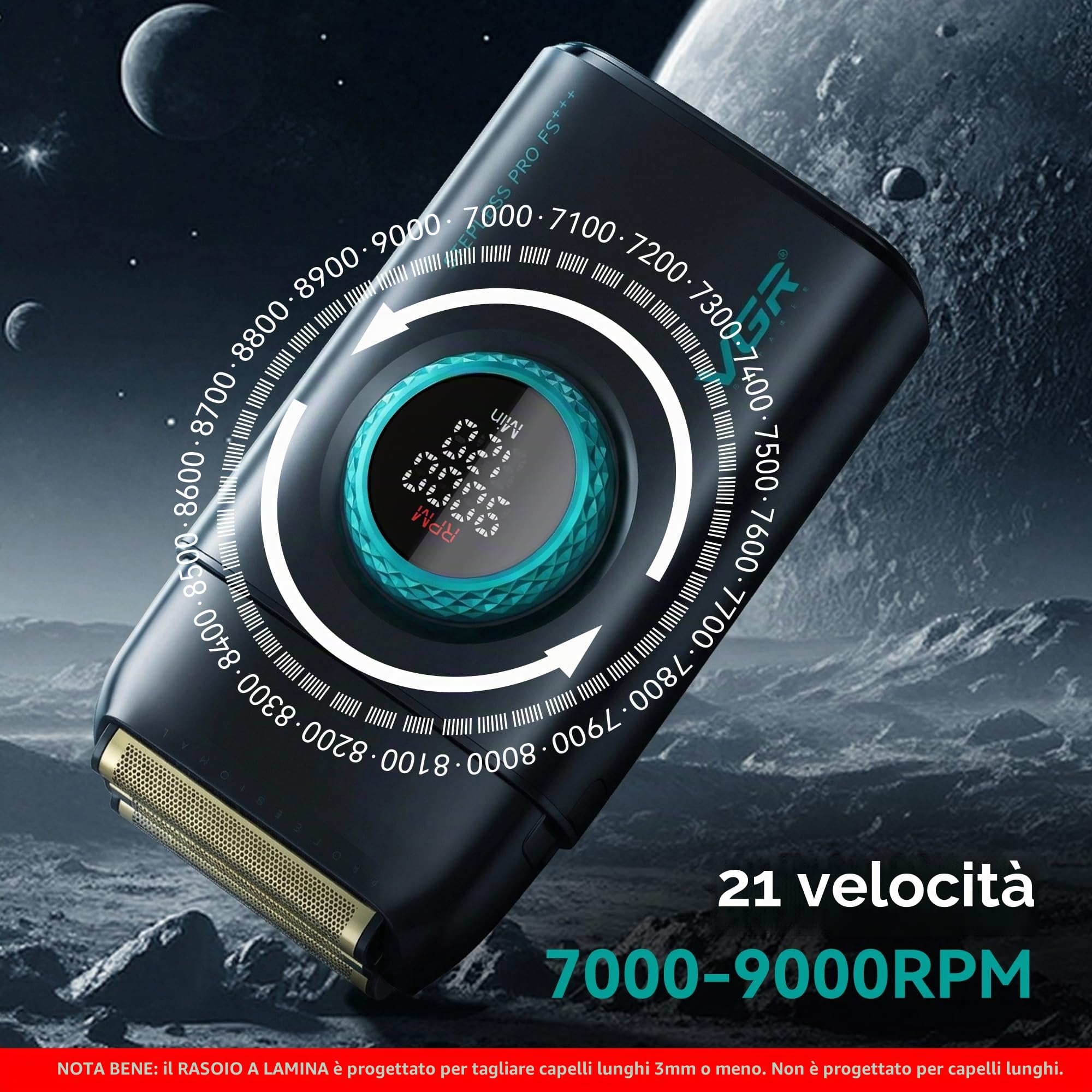 VGR Rasoio elettrico professionale per uomo, viso, barba, collo, pelle sbiadita e testa calva, ricaricabile USB-C senza fili, doppia lamina di titanio galleggiante, 21 velocità 7000-9000 giri/min